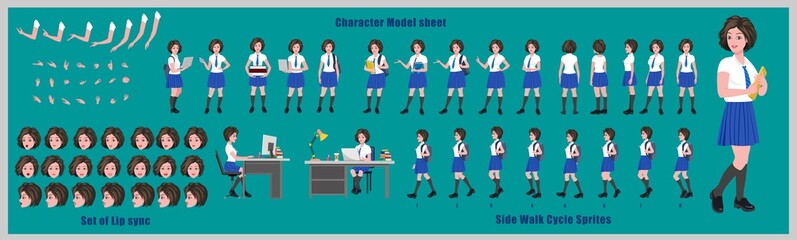 High School Girl Student Character Design Model Sheet with walk cycle animation. Girl Character design. Front, side, back view and explainer animation poses. Character set and lip sync 