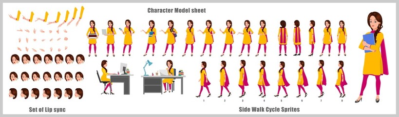 Indian Girl Student Character Design Model Sheet with walk cycle animation. Girl Character design. Front, side, back view and explainer animation poses. Character set with various views and lip sync 