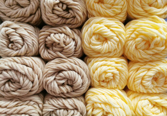 Close up yellow grey knitting wool. Wooden store shelf with an assortment color yarn for knitting with needles. Skeins of yarn in a store. Female hobbies and needlework. Knitting materials.