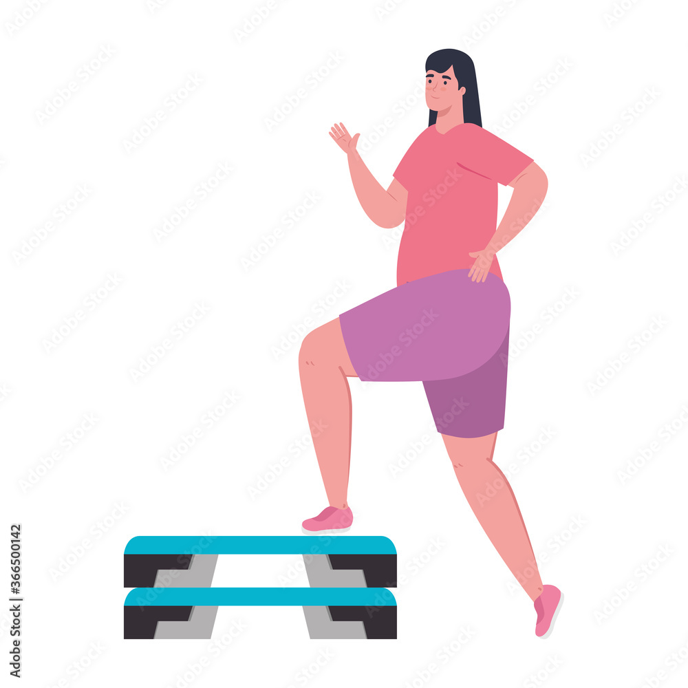 Poster young woman in sportswear, sports training on step plafform vector illustration design