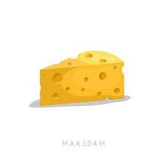 Piece of maasdam. Cartoon flat style cheese segment. Fresh diary product. Vector illustration single icon isolated on white background.