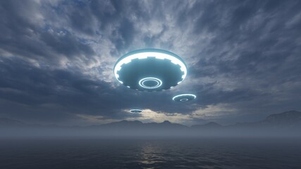 3D render. UFO over the mountains and sea
