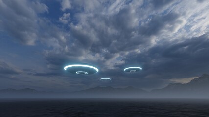 3D render. UFO over the mountains and sea © kolbass