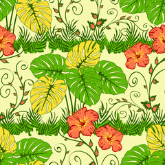 Seamless vector pattern with tropical plants on light pink background. Jungle landscape wallpaper design with red flower. Romantic California fashion textile.