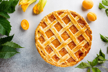 Summer apricot or peach pie homemade on white background, top view. Delicious fruit dessert. Fruit cake. Copy space.