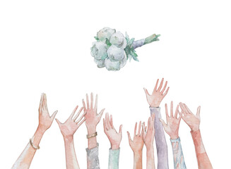 hands catching wedding bouquet watercolor - obrazy, fototapety, plakaty