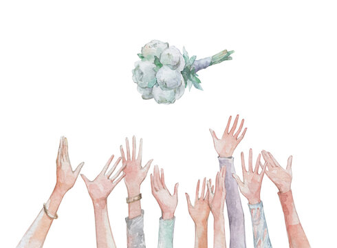 hands catching wedding bouquet watercolor