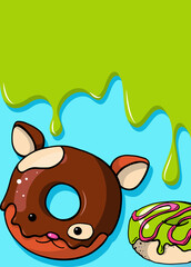 Glazed cute doughnut animal. Donuts card with glaze and bite, eaten chocolate icing fritters or caramel circle doughnuts