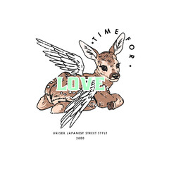 Fawn with wings and time for love slogan print illustration