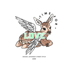 Fawn with wings and time for love slogan print illustration © NKTN