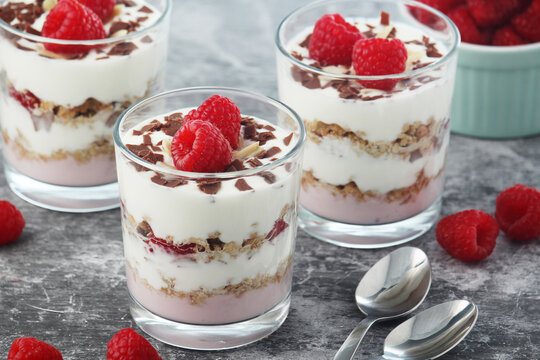 Granola with yogurt trifles with raspberry