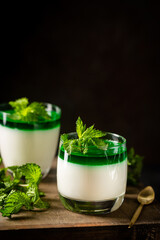 Obraz na płótnie Canvas Dessert Panna Cotta with green mint sauce and fresh mint on dark background