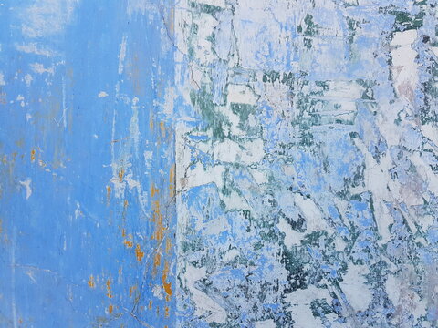 Damaged Wall Texture. Light Blue Paint Peeling Off The Wall.