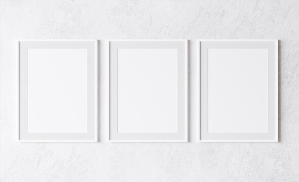 three vertical frame, mock up poster frame  on white wall, 3d illustration