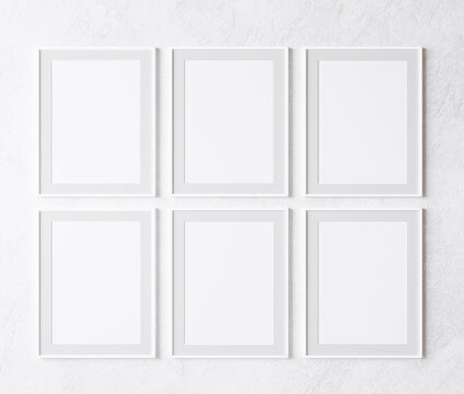 mock up gallery wall, six vertical white frame on white wall, 3d illustration
