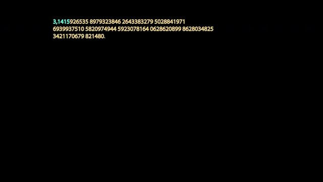 Number pi, pi character - endless mathematical constant. Self drawing animation on black background. Copy space.