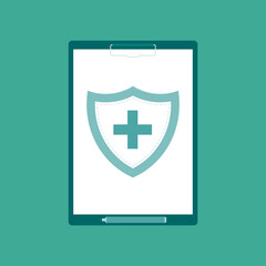 Patient protection. Medical report sign. Clipboard and shield with a cross as a symbol insurance.