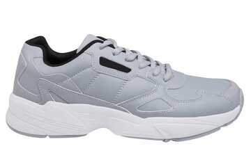 gray leather sneakers with thick white soles, on a white background
