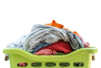 Isolated used cloth in plastic basket on white background, close up on top of plastic basket and used cloth, front view of green basket.