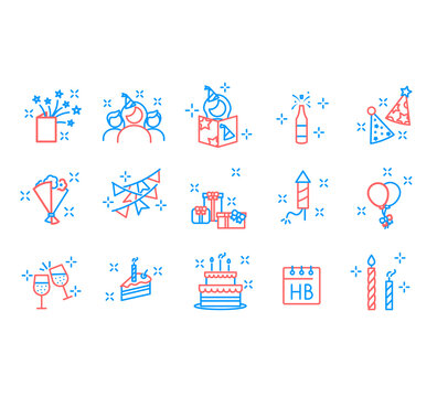 Party Icons and Celebration Icons. Happy birthday. Universal birthday icons to use for web and mobile UI, set of basic birthday elements