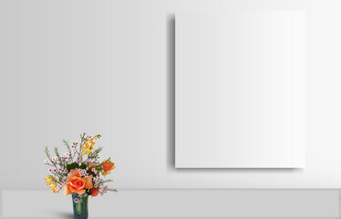 frame mockup Clipping  on white wall next to vase flowers on grey floor. standing  path around poster. 3d illustration succulent plant 
