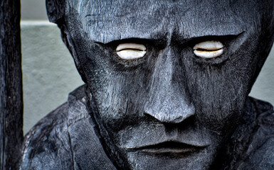 Tribal Cultural Wood Carving Portrait. Pacific island design village art tropical Islander design sea shell rural tribe culture