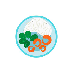 Top view of a Mediterranean dish. Plate with rice, shrimp, lettuce and pepper. Vector illustration of a dish