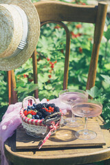 Outdoor summer lifestyle with a gourmet picnic laid out on a chair in a garden with berries, pie and pink drink in stylish glasses