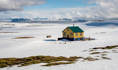 Small cottage house in snow in Reykjanes in winter in Iceland