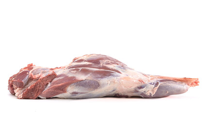 Raw leg of mutton on a bone on a white isolated background. Sheep meat close-up.A fresh piece of mutton. horizontal view.