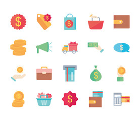 icon set of wallet and shopping, flat style