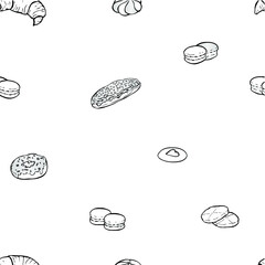 Black and white hand drawn vector seamless pattern with croissant, macarons, biscuits, eclair and donut. For coloring book, wrapping paper, wallpapers at cafe, coffee shop, bakery or confectionery