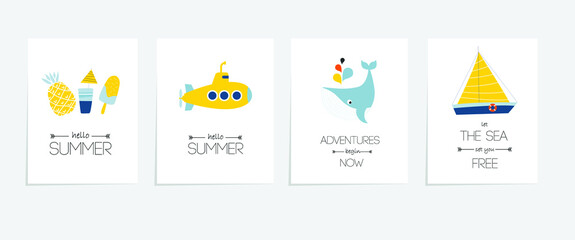 Vector set of posters "hello summer". Summer illustrations. Postcards.
