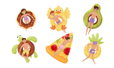 People Characters Floating on Inflatable Rafts or Rubber Swim Tubes of Different Shapes in Swimming Pool Vector Illustrations Set
