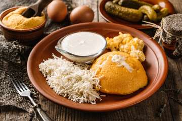 Delicious polenta with cheese, scrabble egg and sour cream on plate on rustic wooden background. Traditional Romanian food, close up