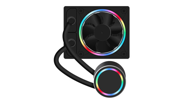 All In One Aio CPU Close Water Cooling System.RGB LED Fans On A Radiator,isolate On White Background ,vector Illustration.