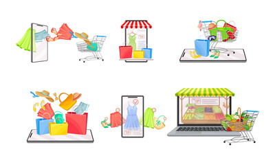 Online Shop App on Smartphone and Laptop Screen with Shopping Items in Basket Vector Set