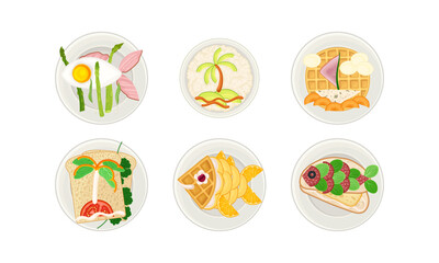 Food Arranged in the Shape of Ship and Fish on Plate Above View Vector Illustration