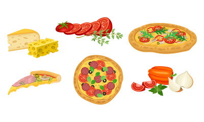 Pizza and Ingredients with Cheese Slab and Sliced Tomatoes Vector Set
