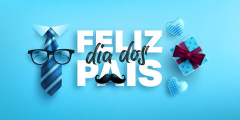 Feliz dia dos pais.Happy Father's Day in portuguese language with necktie and gift box on blue background.Greetings and presents for Father's Day.Vector illustration eps 10.