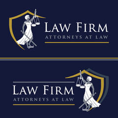 Justice Goddess Themis, lady justice. Logo design with the statue of femida for law firm, lawyers, rights attorneys, business law firm. Blindfold woman holding scales and sword. Vector illustration.