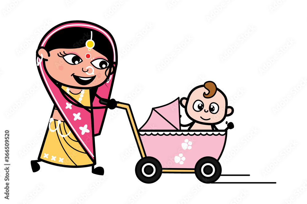 Wall mural Cartoon Indian Woman with baby stroller - Wall murals