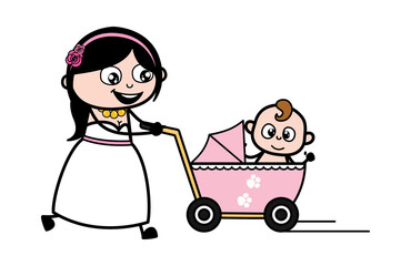 Cartoon Bride with baby stroller