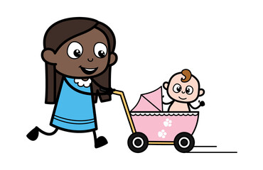 Cartoon Black Girl with baby stroller