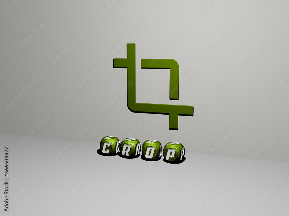 Poster 3d graphical image of crop vertically along with text built by metallic cubic letters from the top p