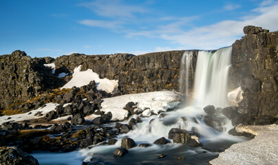 Water from waterfall splashing on a rocky river Iceland