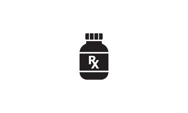 Prescription Drugs Icon. Drop Shadow Medication Silhouette Symbol. Painkiller. Medicine Bottle With Rx Sign. Vector Isolated Illustration