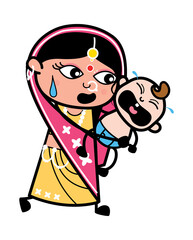 Cartoon Indian Woman holding crying baby