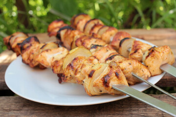 Chicken kebab on skewers. Backyard bbq summer outdoor party. Natural green blurred background. Selective focus