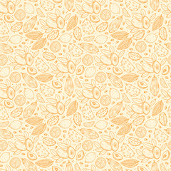 Mexican Food. Mexican Fruits Seamless Pattern. Hand drawn doodle Fresh Fruits: sapodilla fruit (chico fruit), guanabana, lime, cocoa fruits and cocoa beans
